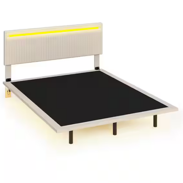 Floating Design Beige Wood Frame Queen Size Velvet Platform Bed