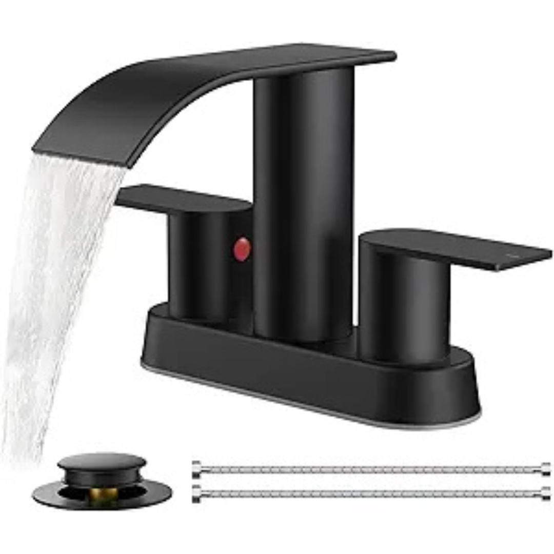 FORIOUS 3-Hole Waterfall Bathroom Sink Faucet with Drain (Matte Black)