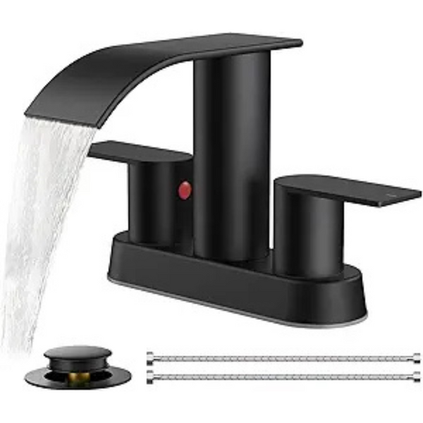 FORIOUS 3-Hole Waterfall Bathroom Sink Faucet with Drain (Matte Black)