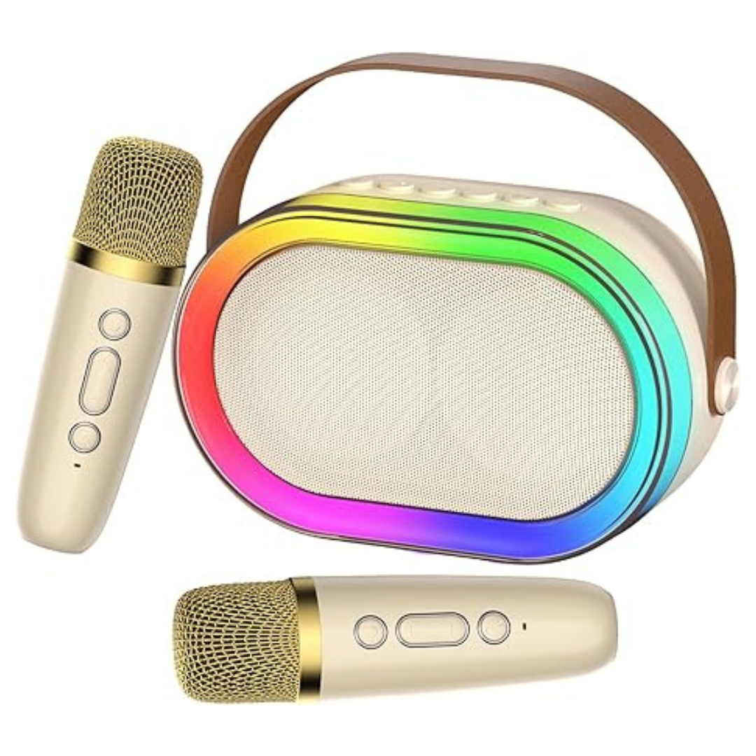 Mini Karaoke Machine with 2 Wireless Mic & LED Lights