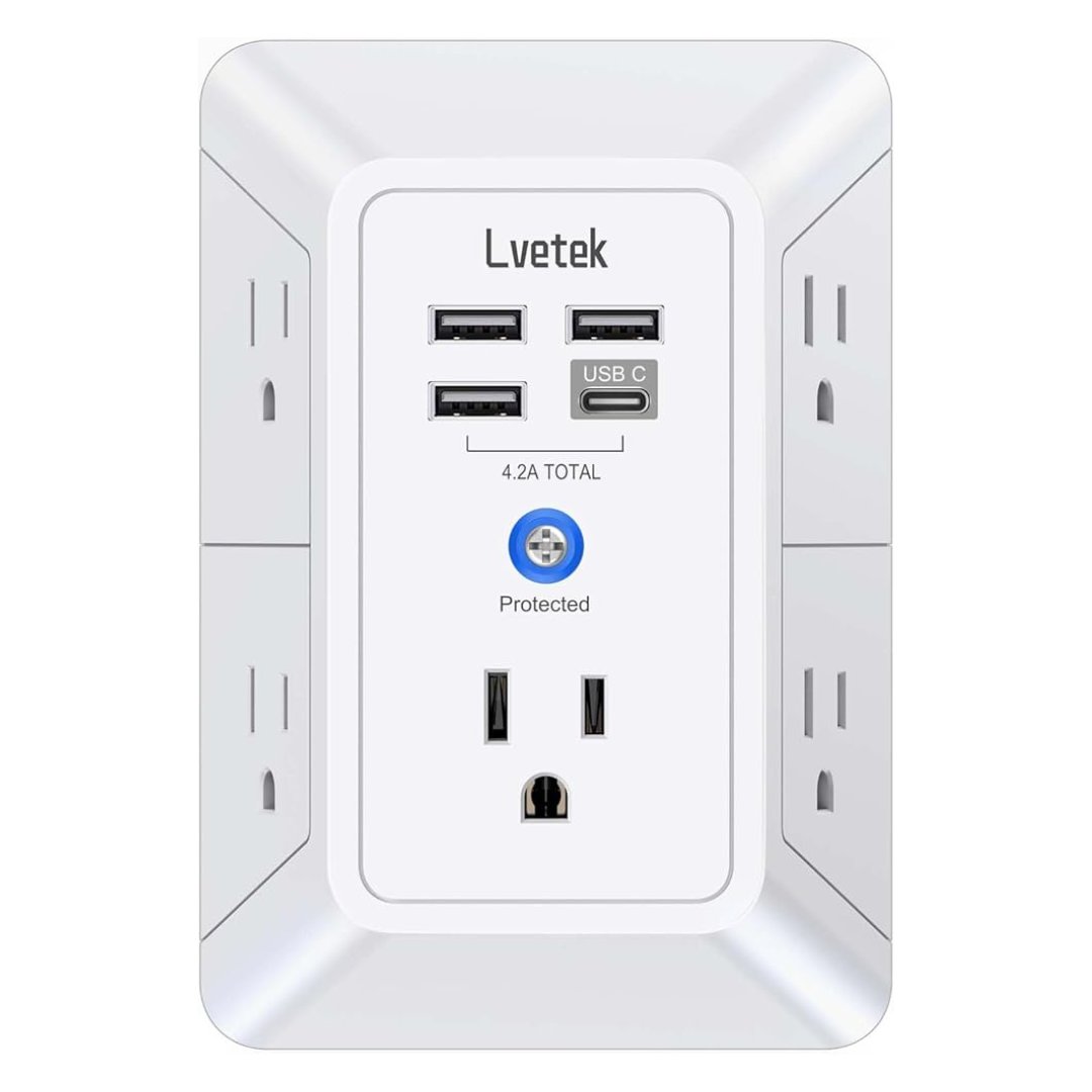 Lvetek 5-Outlet Surge Protector Wall Charger Adapter