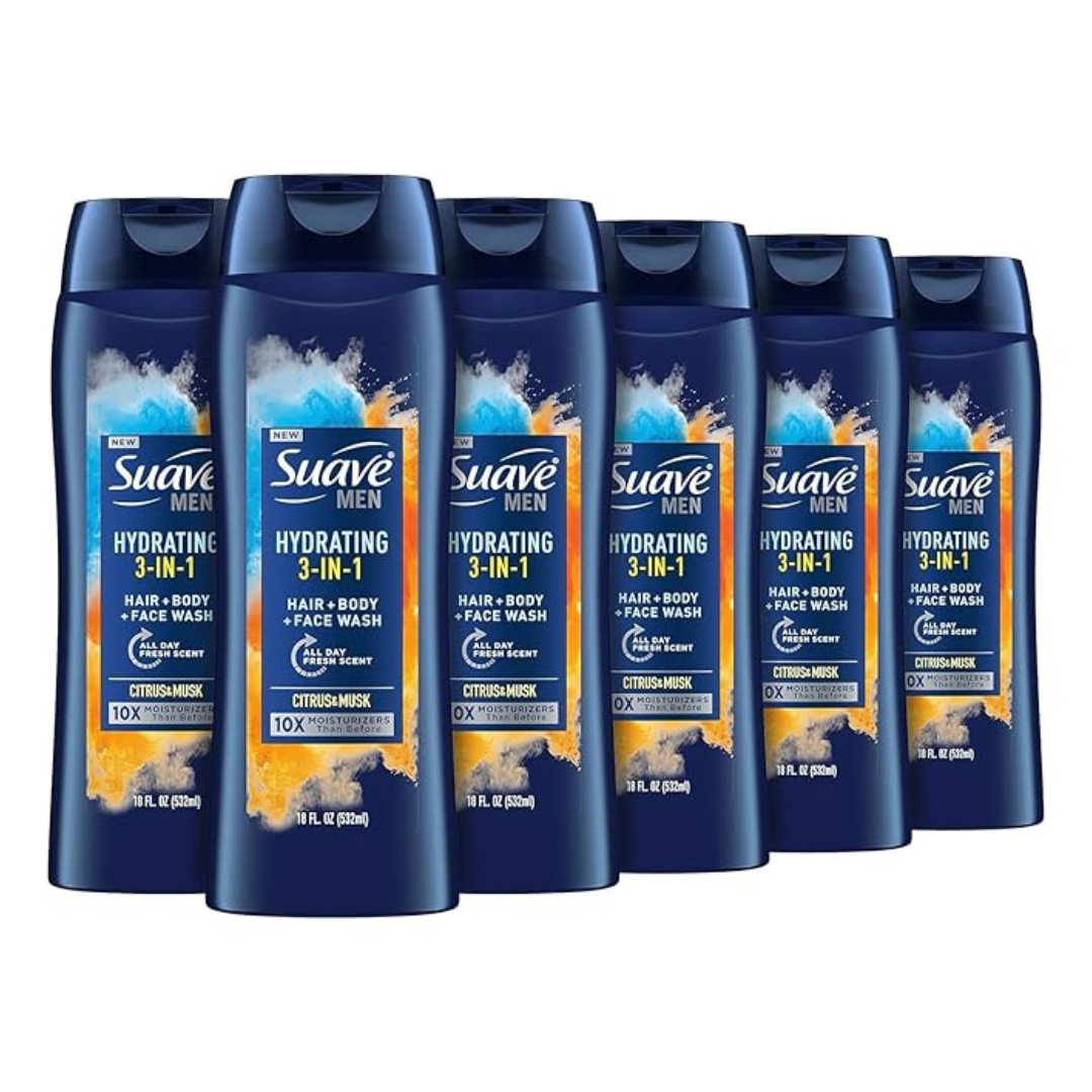 Suave Men Moisturizing Body, Face And Hair Wash, 3-In-1 For Hydrated Skin And Hair, Citrus & Musk scent (18 Oz Pack Of 6)