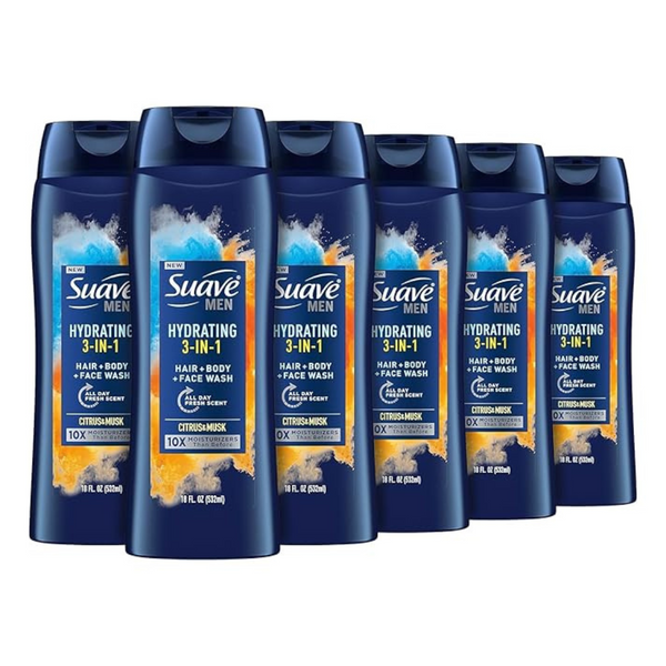 Suave Men Moisturizing Body, Face And Hair Wash, 3-In-1 For Hydrated Skin And Hair, Citrus & Musk scent (18 Oz Pack Of 6)
