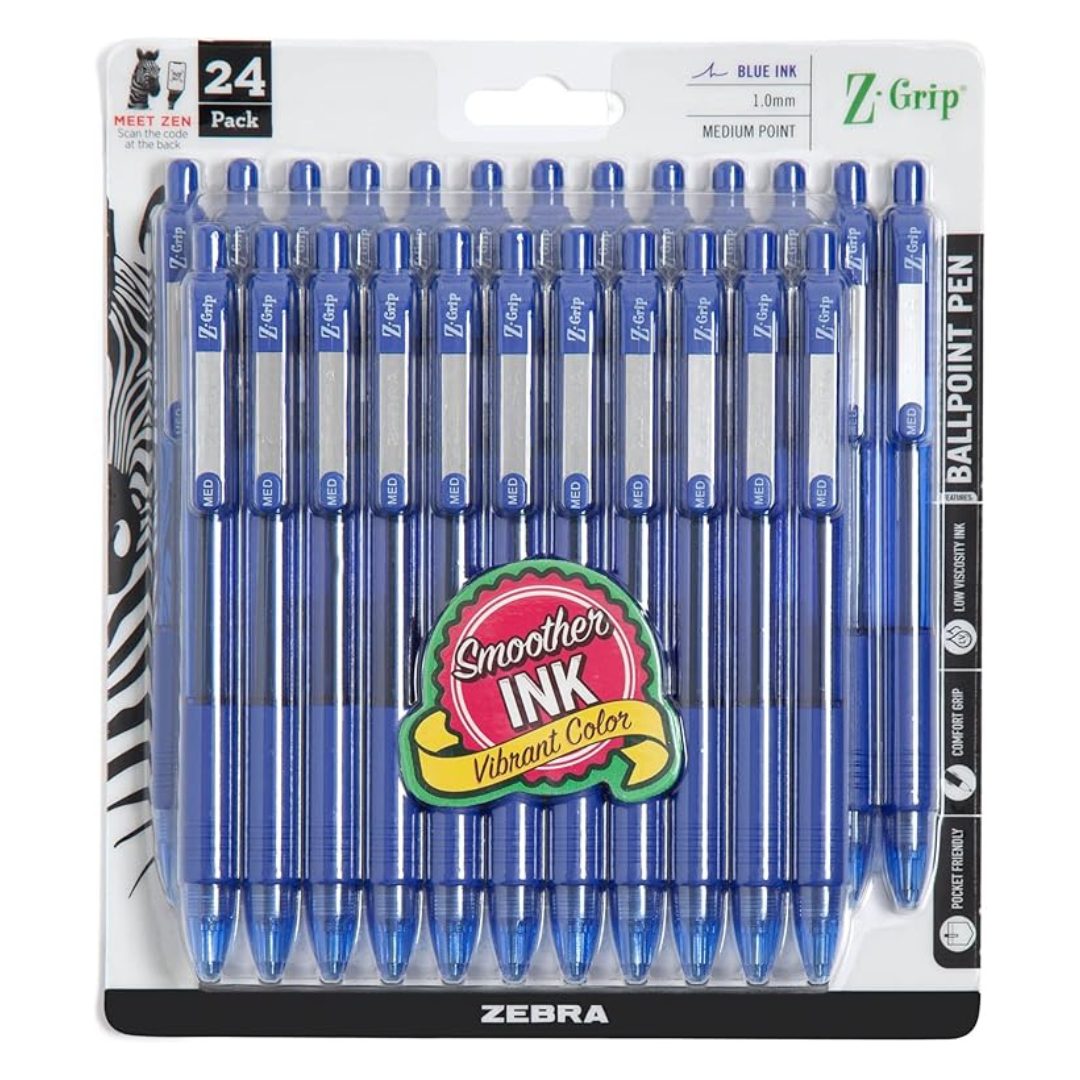 Zebra Pen Z-Grip Retractable Ballpoint Pens, Smooth-Flowing Blue Ink (24-Pack)