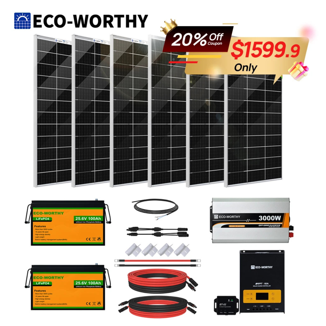 Eco-Worthy 1170W Solar Kit (6 Panels, 3000W Inverter, 2 x 24V 100Ah LP Battery)