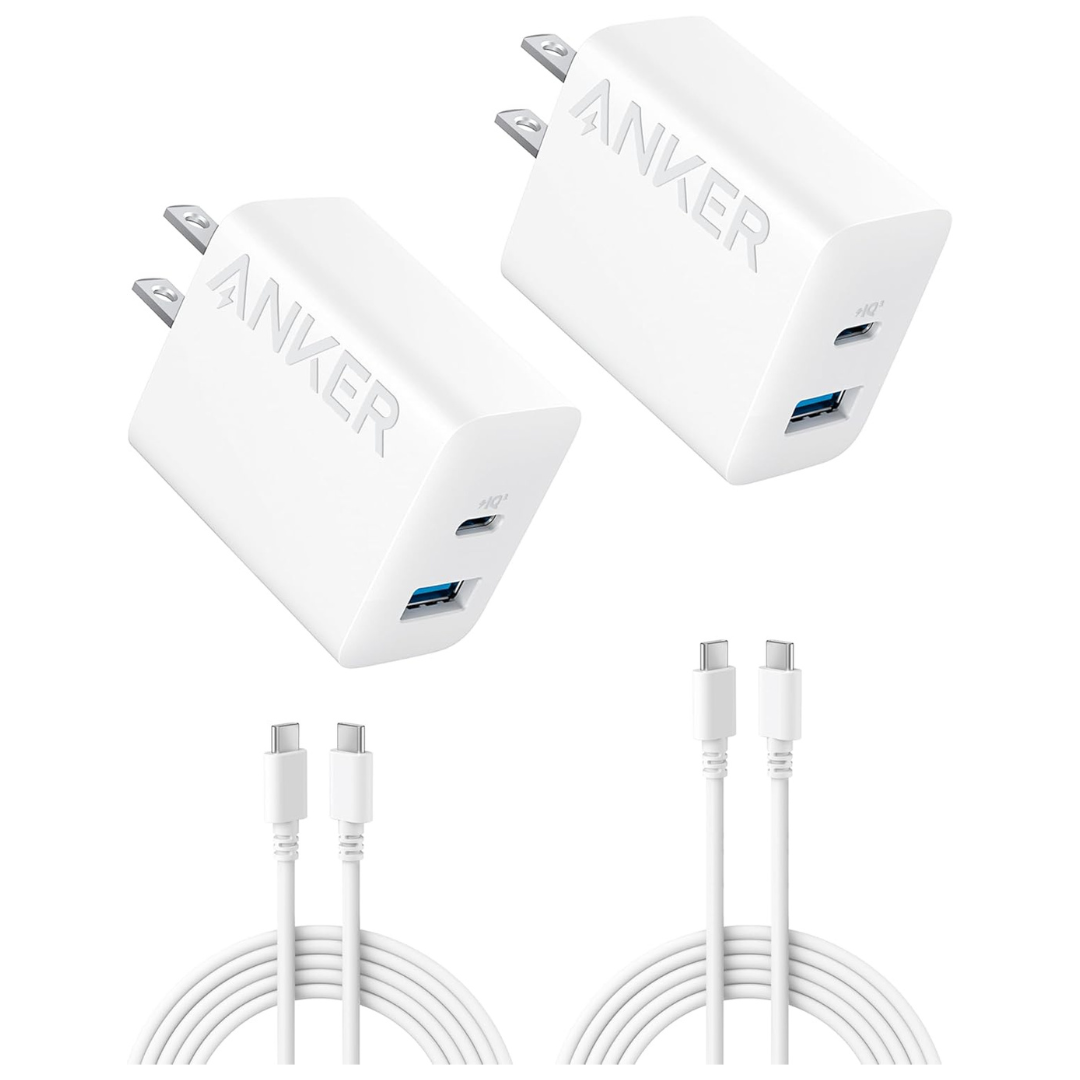 2-Pack Anker 20W 2-Port USB-C Wall Charger Adapter W/ 5ft Cable (2 Colors)