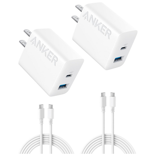 2-Pack Anker 20W 2-Port USB-C Wall Charger Adapter W/ 5ft Cable (2 Colors)