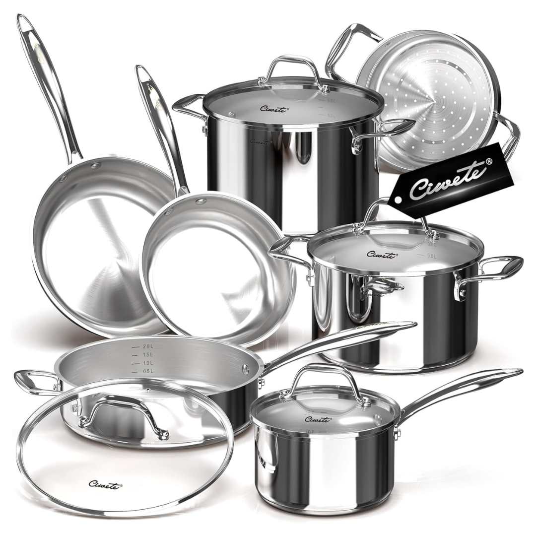 11-Piece Ciwete Tri-Ply Stainless Steel Pots & Pans Set