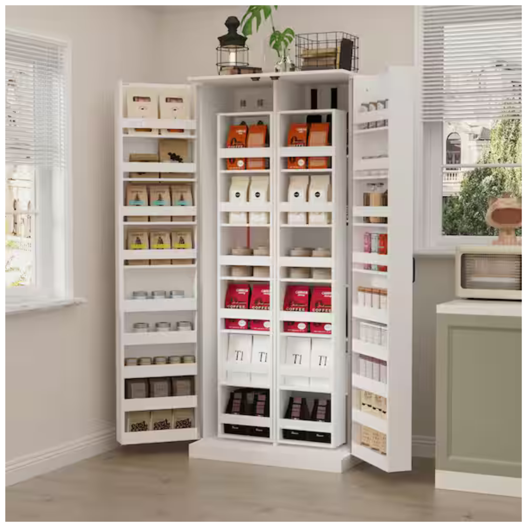 White Wood 31.5" W Food Pantry Cabinet Kitchen Buffet Bar Storage Rack