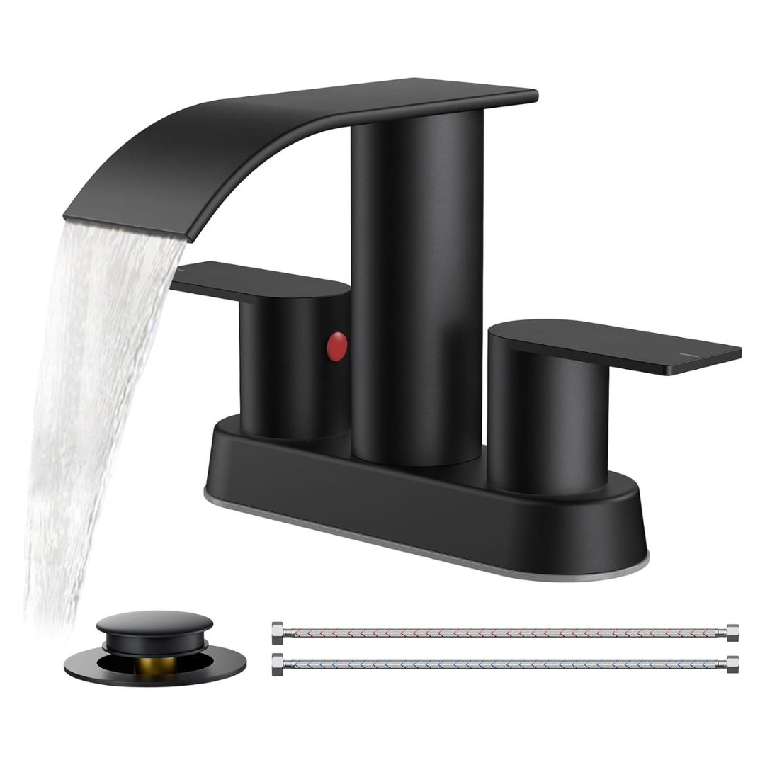 FORIOUS 3-Hole Waterfall Bathroom Sink Faucet With Drain (Matte Black)