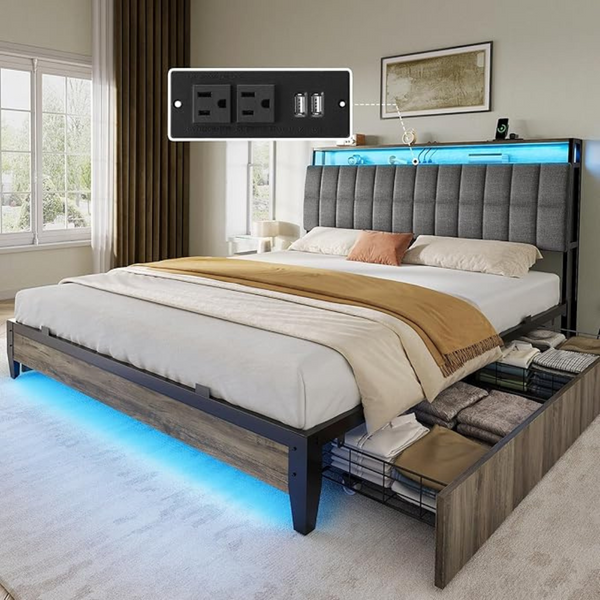 Full Size Upholstered Platform Bed Frame w/ RGB LED Lights & 4-Drawers