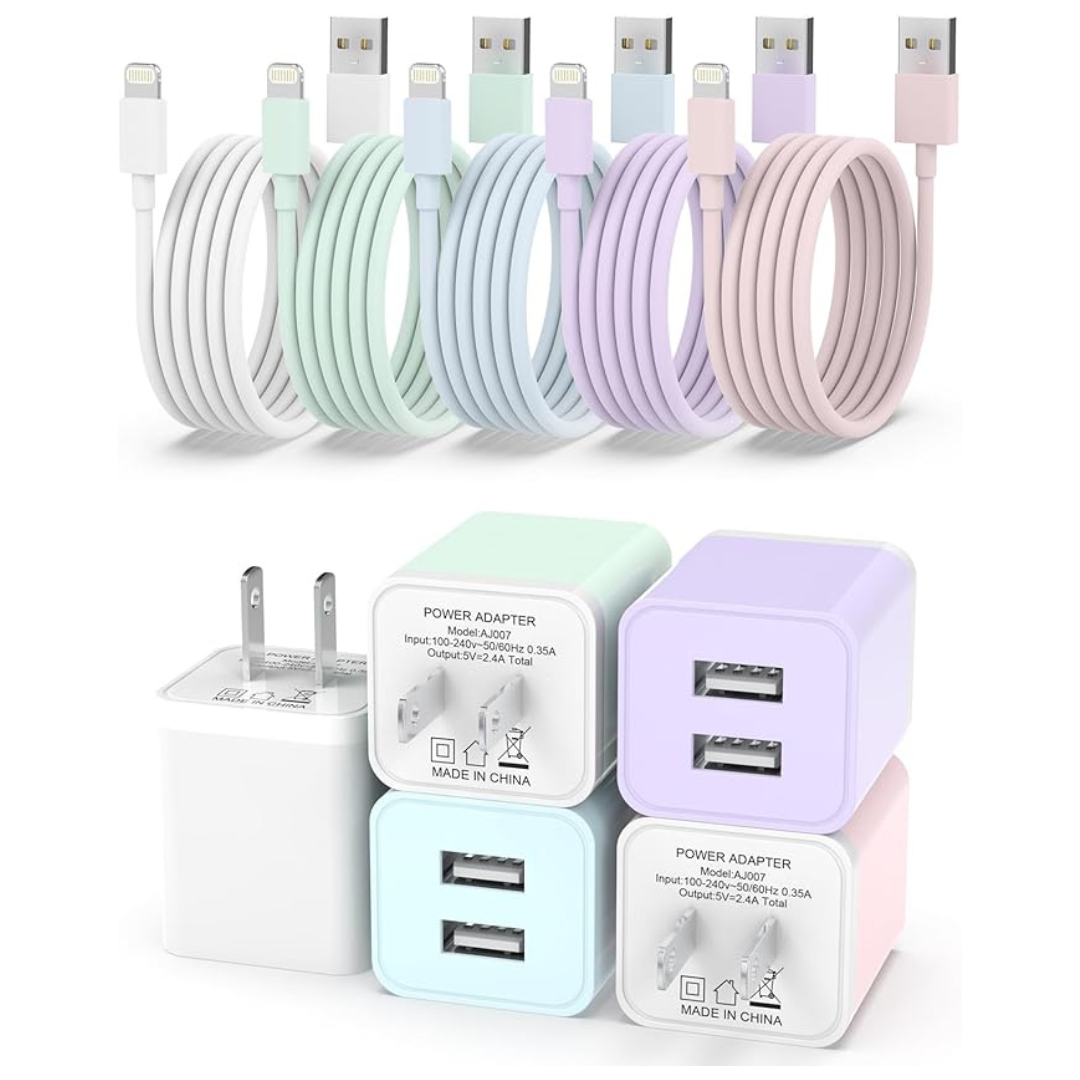 5-Pack Dual Port USB Wall Charger Adapter with 6ft Lightning Cables