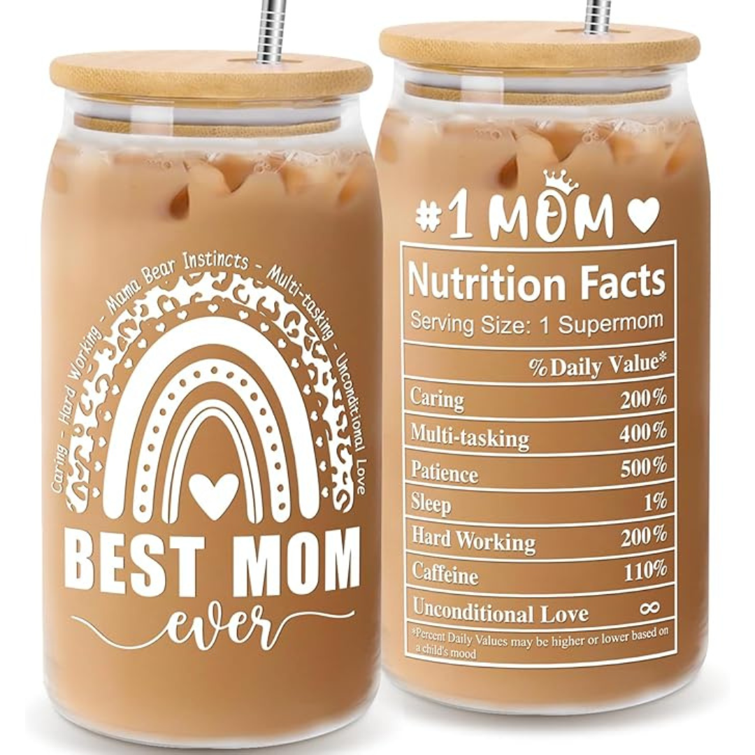 16-Oz Mom Glass Leakproof Reusable Drinking Jar with Lids & Straws