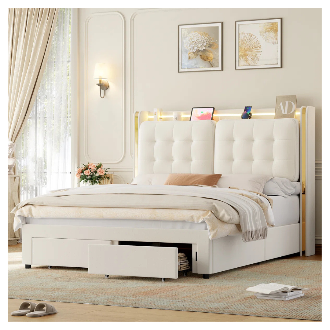 Velvet Upholstered Storage Bed With LED Lights & Charging Station