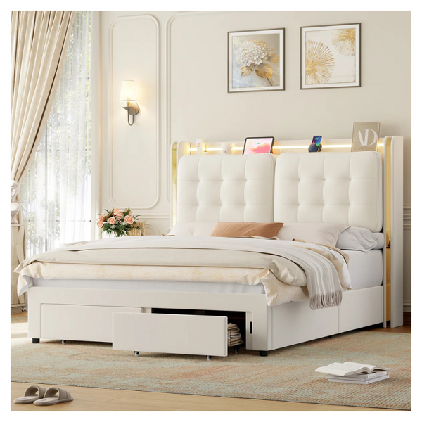 Velvet Upholstered Storage Bed With LED Lights & Charging Station