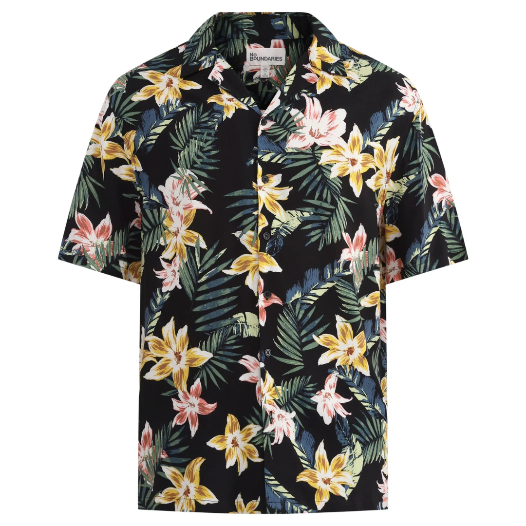 No Boundaries Men's Rayon Print Button Up Shirt w/ Short Sleeves
