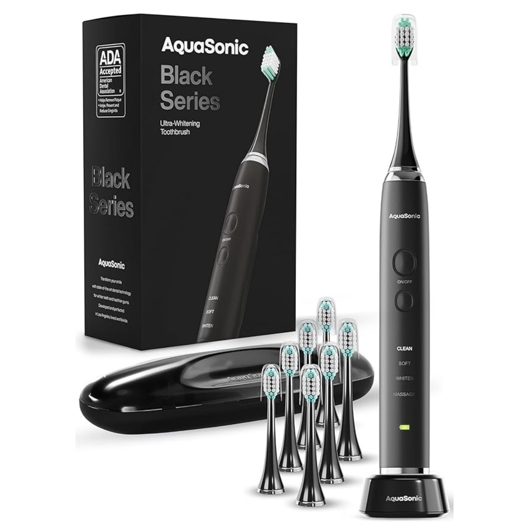 Aquasonic Black Series Ultra Whitening Toothbrush w/8 Brush Heads