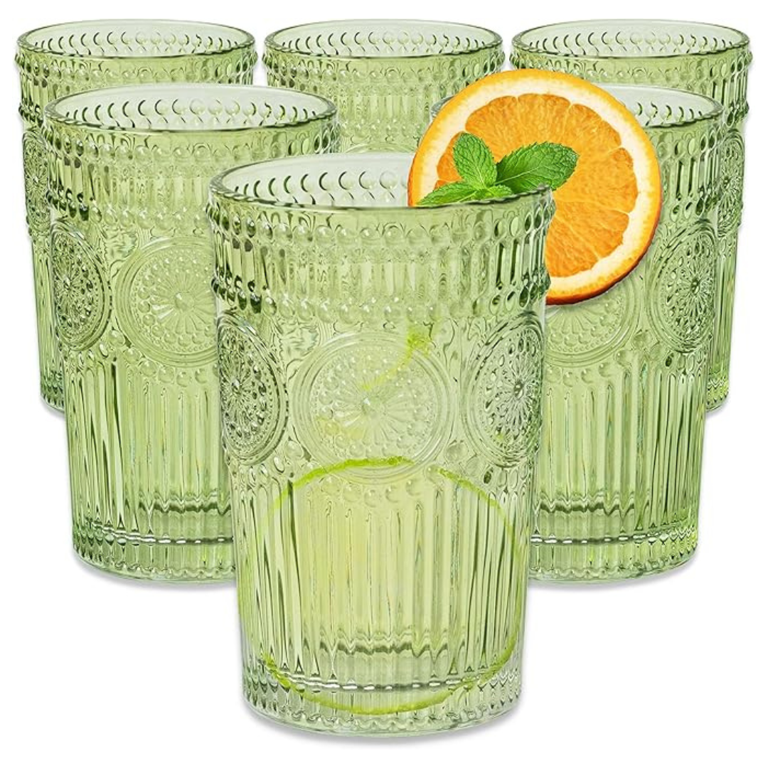 Set of 6 Durable 13-Oz Vintage Ribbed Green Drinking Glasses