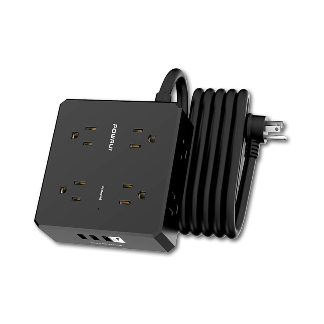Powrui Surge Protector Power Strip 10 Ft Flat Plug Extension Cord