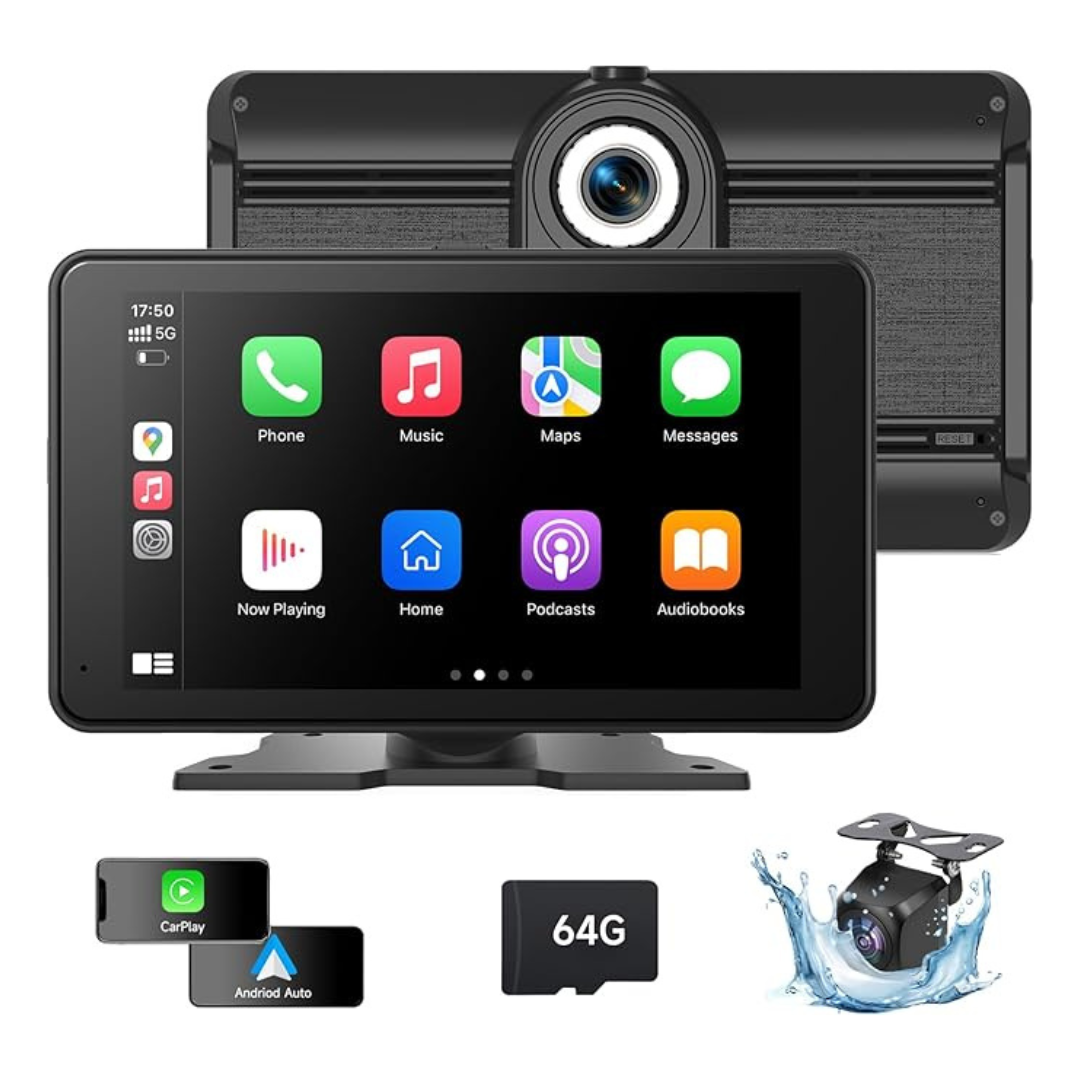Portable Wireless 7" CarPlay Screen With Dash Cam And Backup Camera