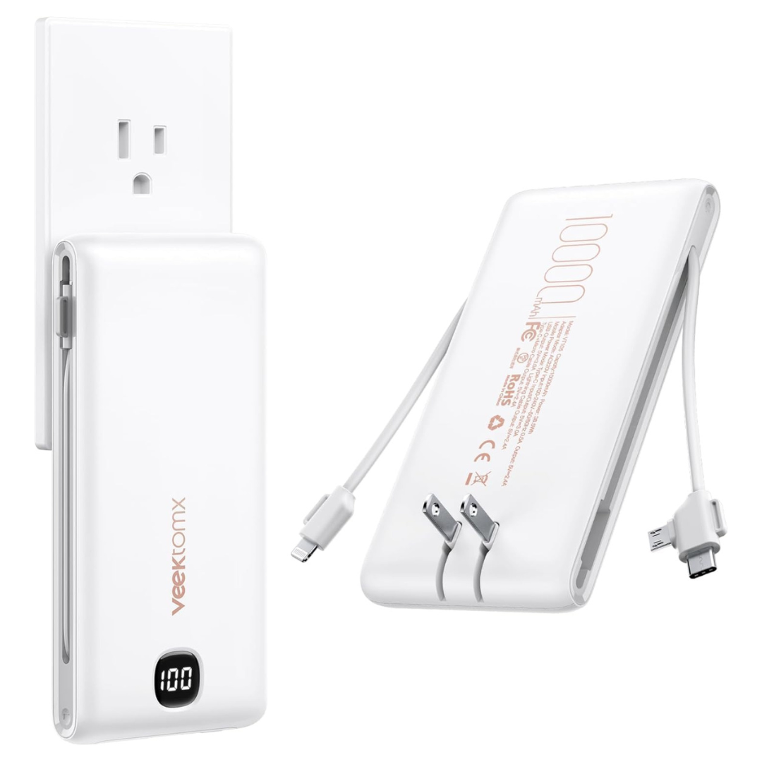 10000mAh Portable Charger With Built-In Cables And Wall Plug