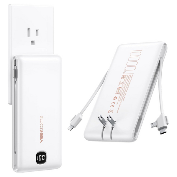10000mAh Portable Charger With Built-In Cables And Wall Plug
