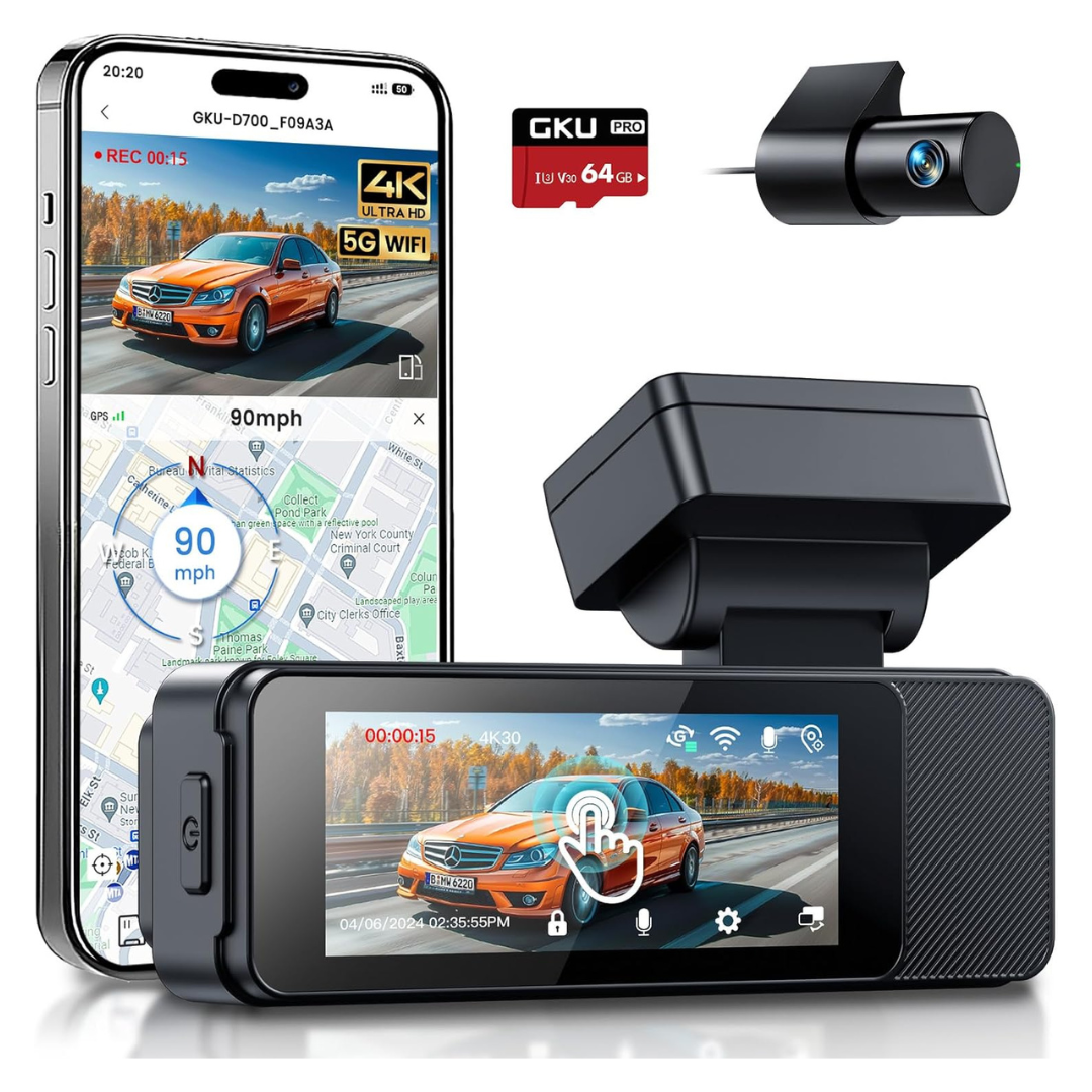 Gku Front And Rear Dash Cam 4K+1080P With GPS And WiFi