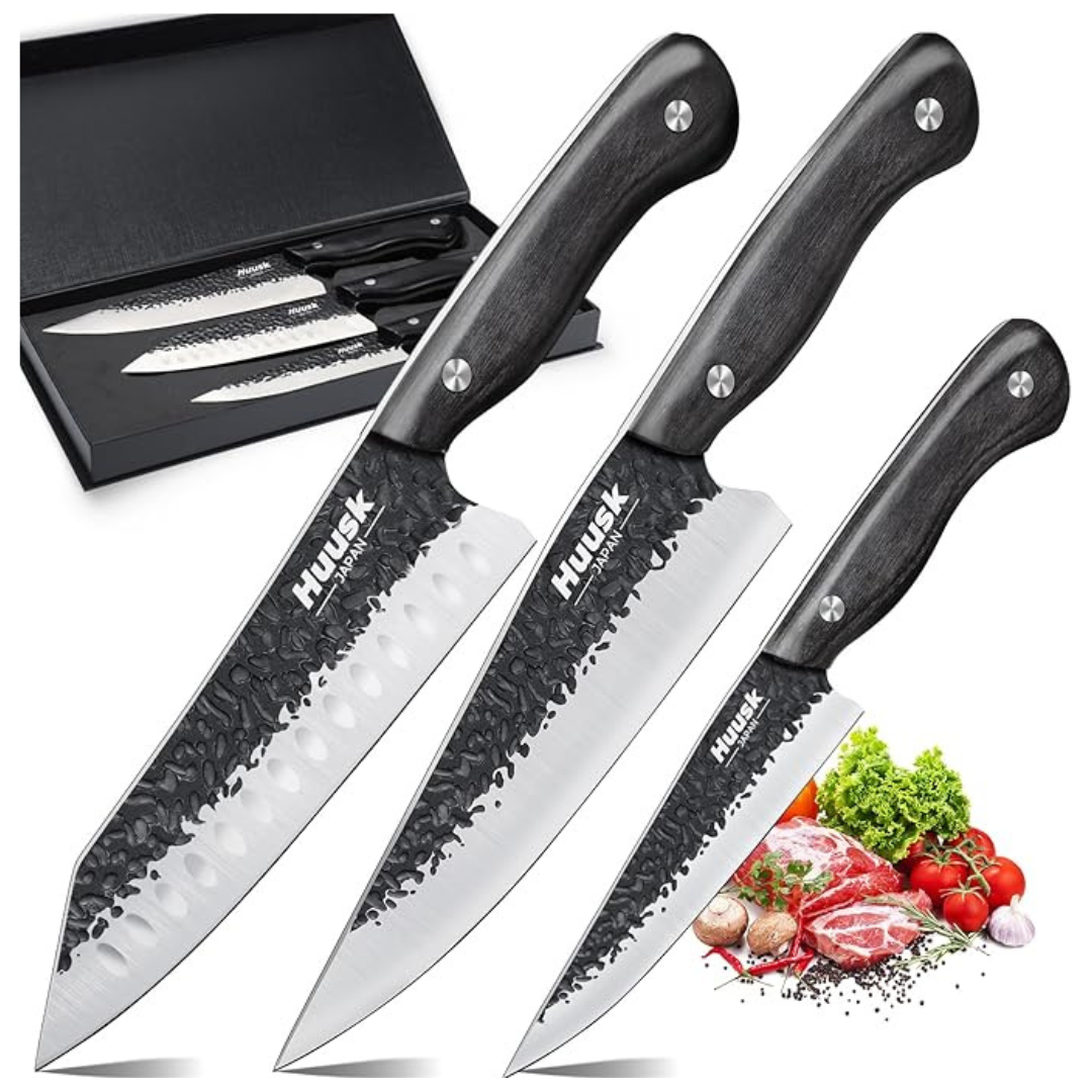 Hand-Forged ATS-34 Carbon Steel Knife Set w/ Wooden Handles