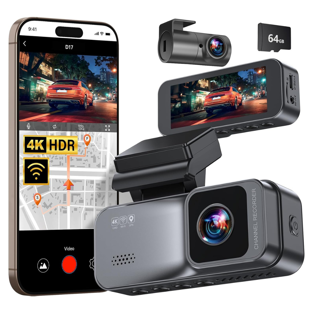 KooBaCar 4K/2.5K Front And Rear Dash Cam With 64GB Card