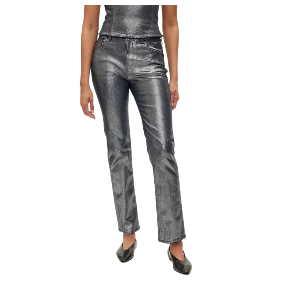 GAP Women's High Rise Metallic '90s Straight Jeans (Silver Shine)