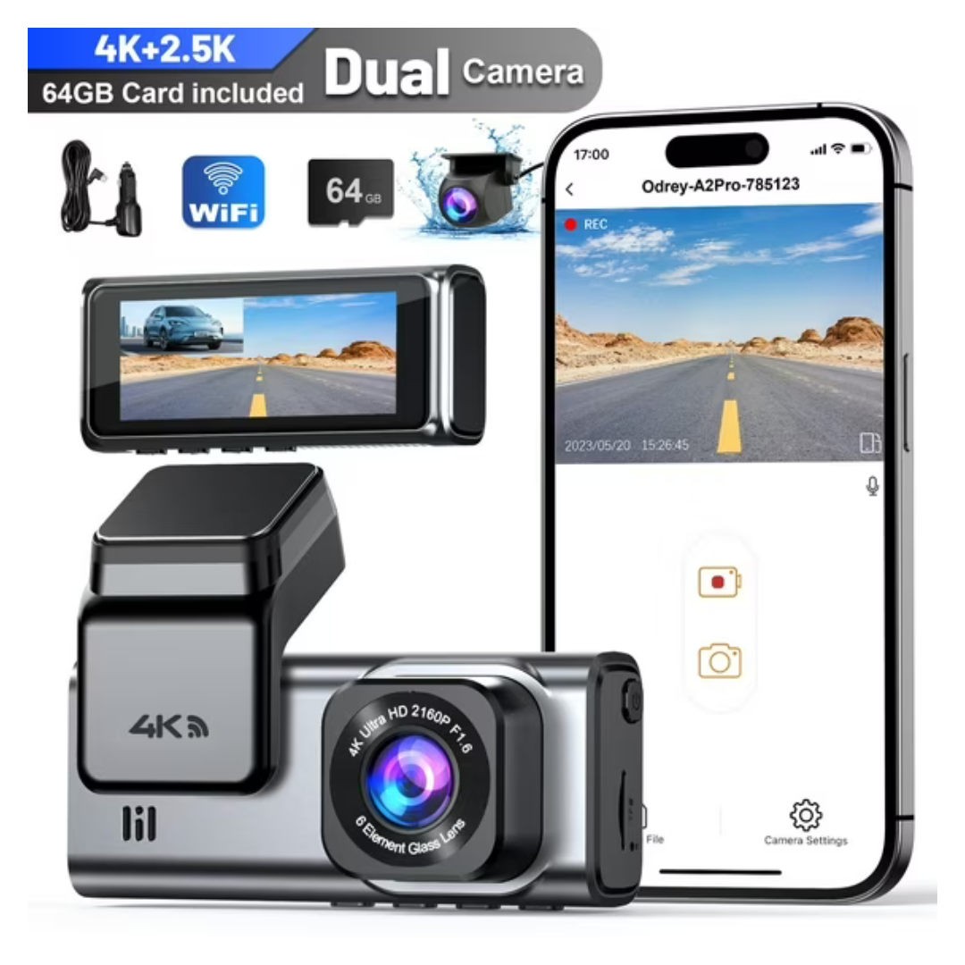 Odrey 4K+1080P WiFi & WDR Dash Camera For Car With 64GB Card