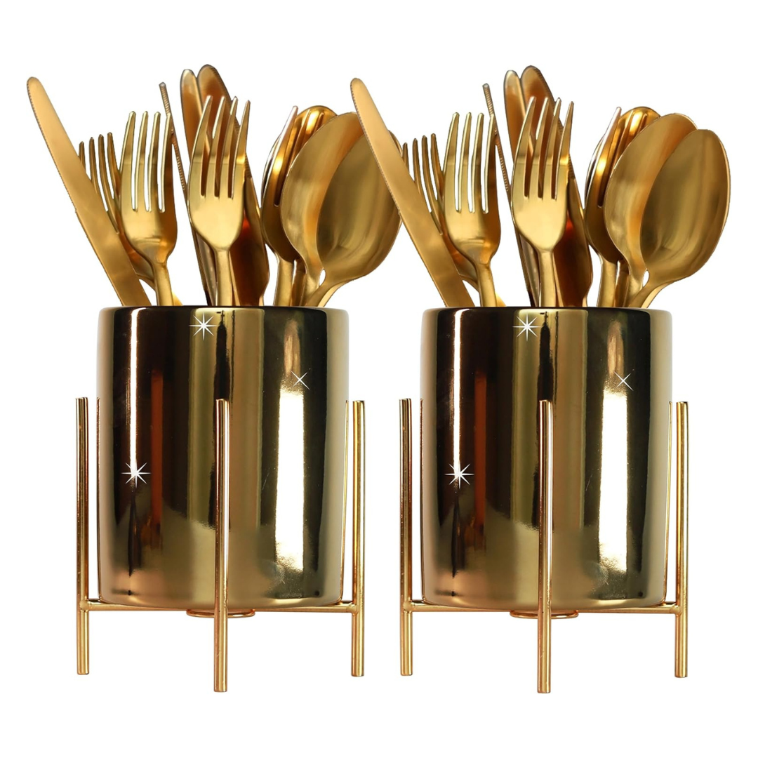 Gold Ceramic Sturdy Cutlery Holder With Metal Bracket