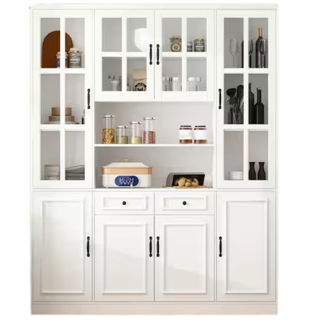 White Wood 63" W Buffet And Hutch Kitchen Cabinet
