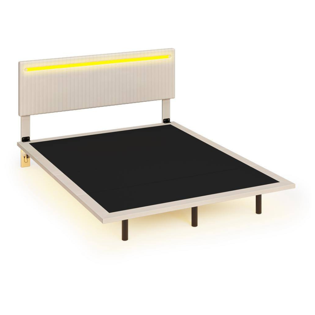 Floating Design Beige Wood Frame Queen Size Velvet Platform Bed