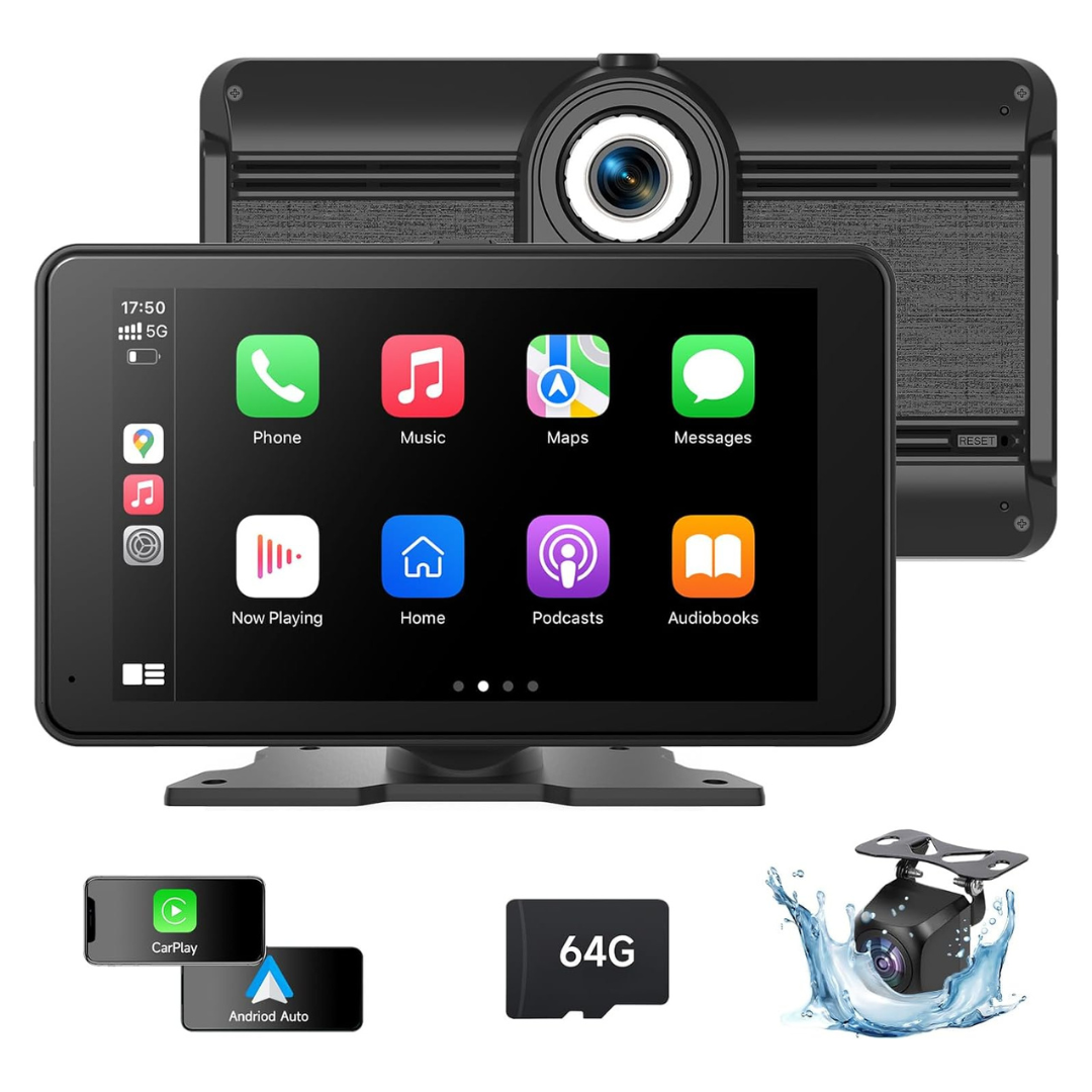 Portable Wireless 7" CarPlay Screen With Dash Cam And Backup Camera