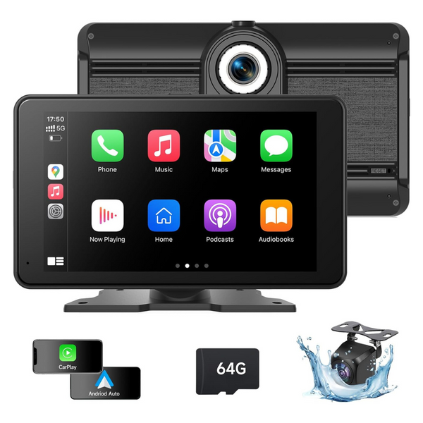 Portable Wireless 7" CarPlay Screen With Dash Cam And Backup Camera