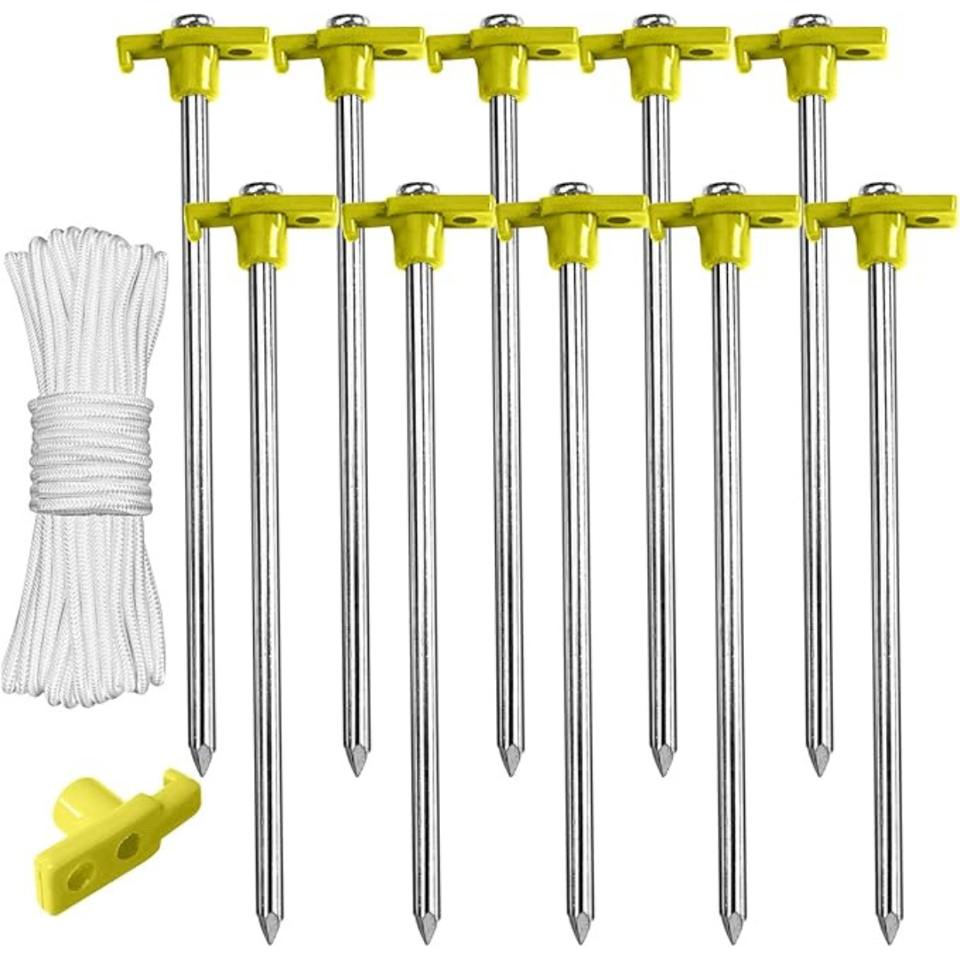 10-Piece 11" Non-Rust Metal Ground Tent Stakes with 4 Ropes for Camping
