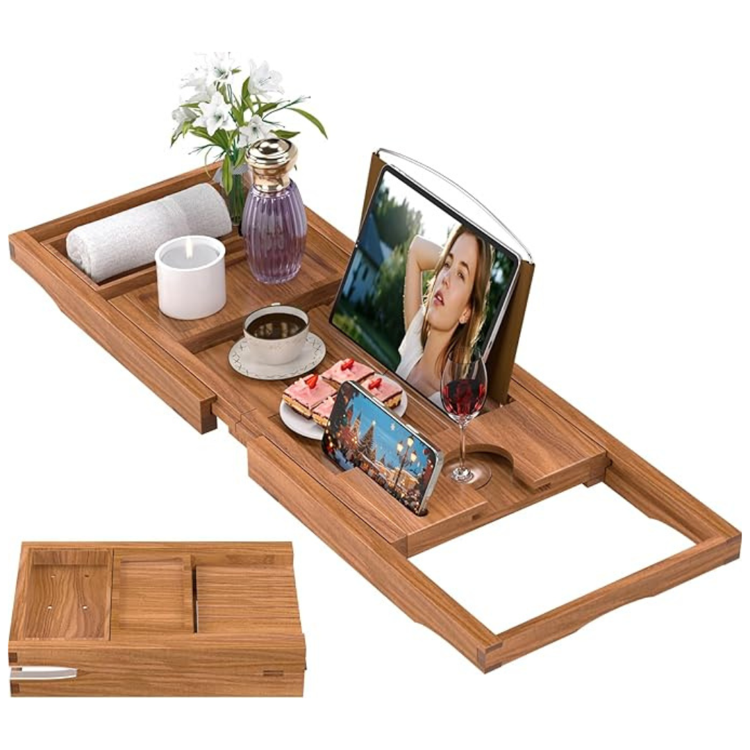 BAMBUROBA Premium Teak Expandable Bathtub Tray Caddy