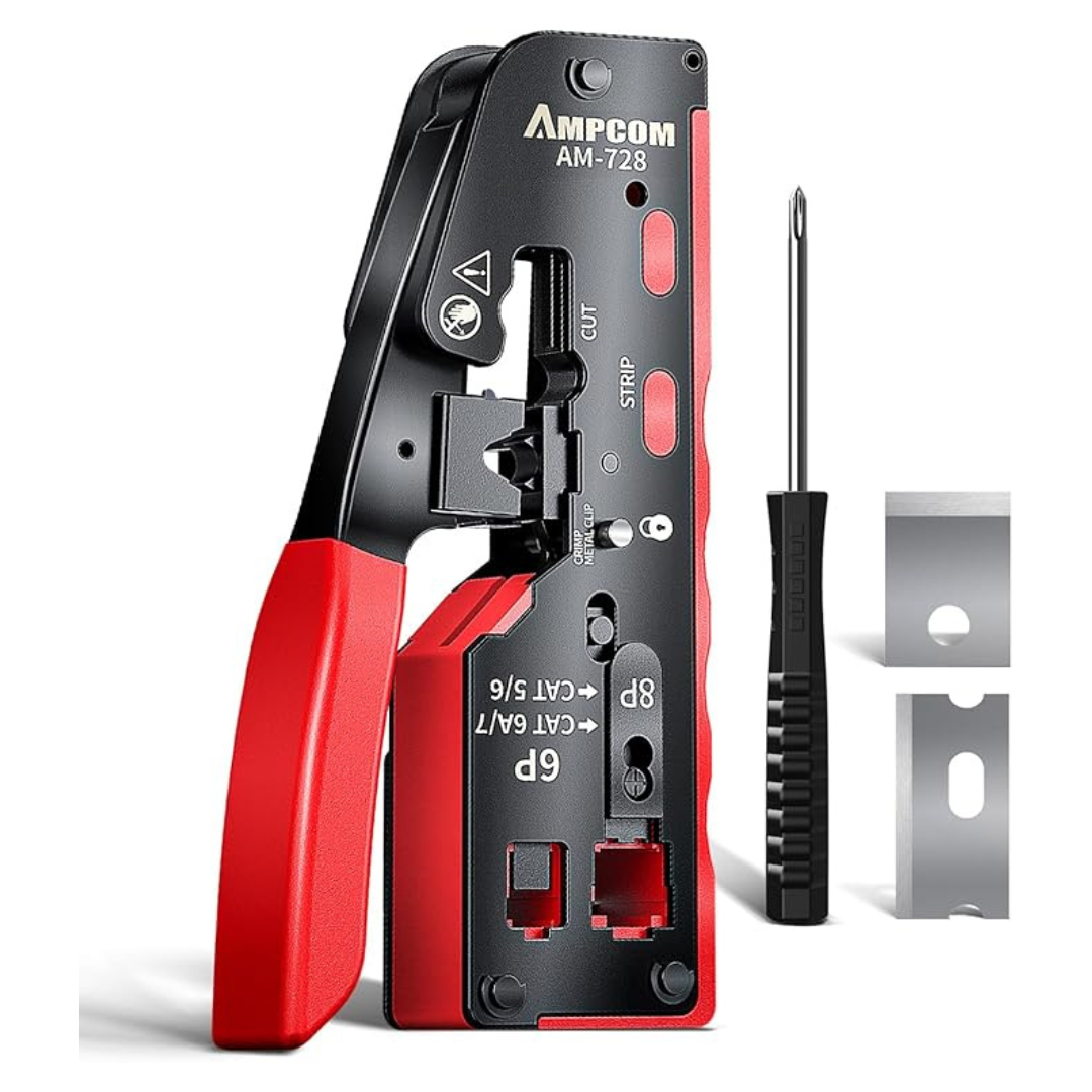 AMPCOM Pass Through RJ45 Crimp Tool w/ RJ45 Pass Through Connectors