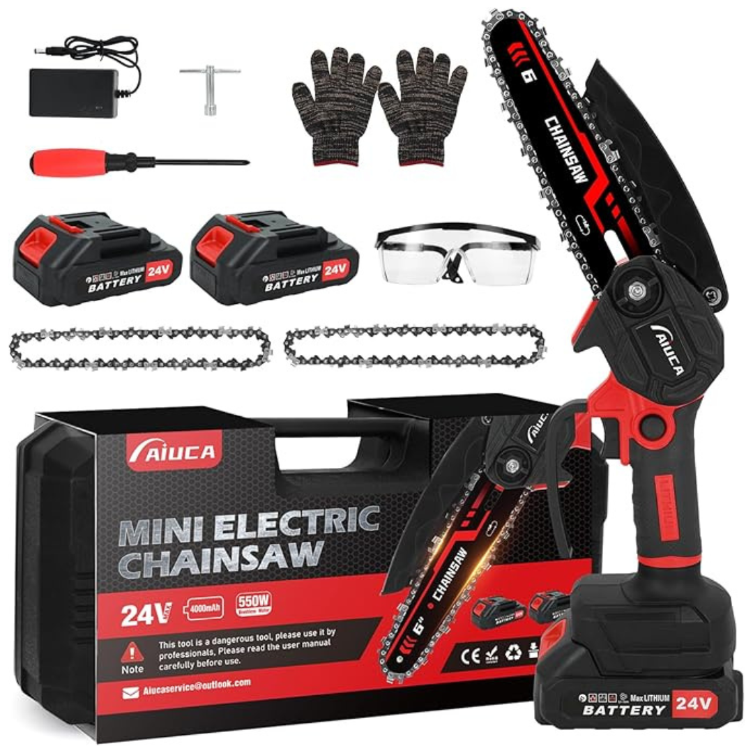 Portable 6" Cordless Chainsaw with 2 x 24V 4000mAh Batteries