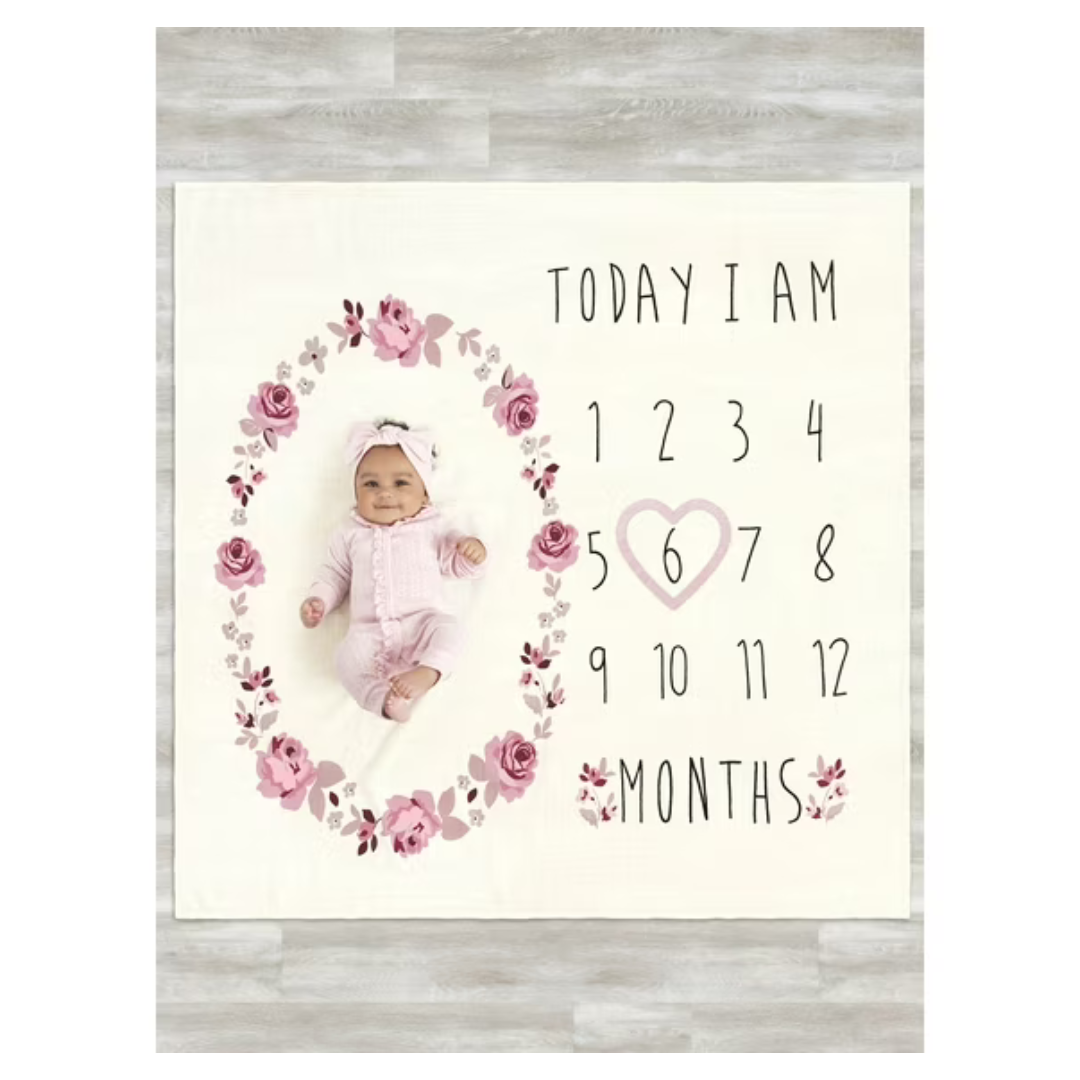 2-Piece Gerber Baby Girl Milestone Blanket and Frame Set (Pink Roses)