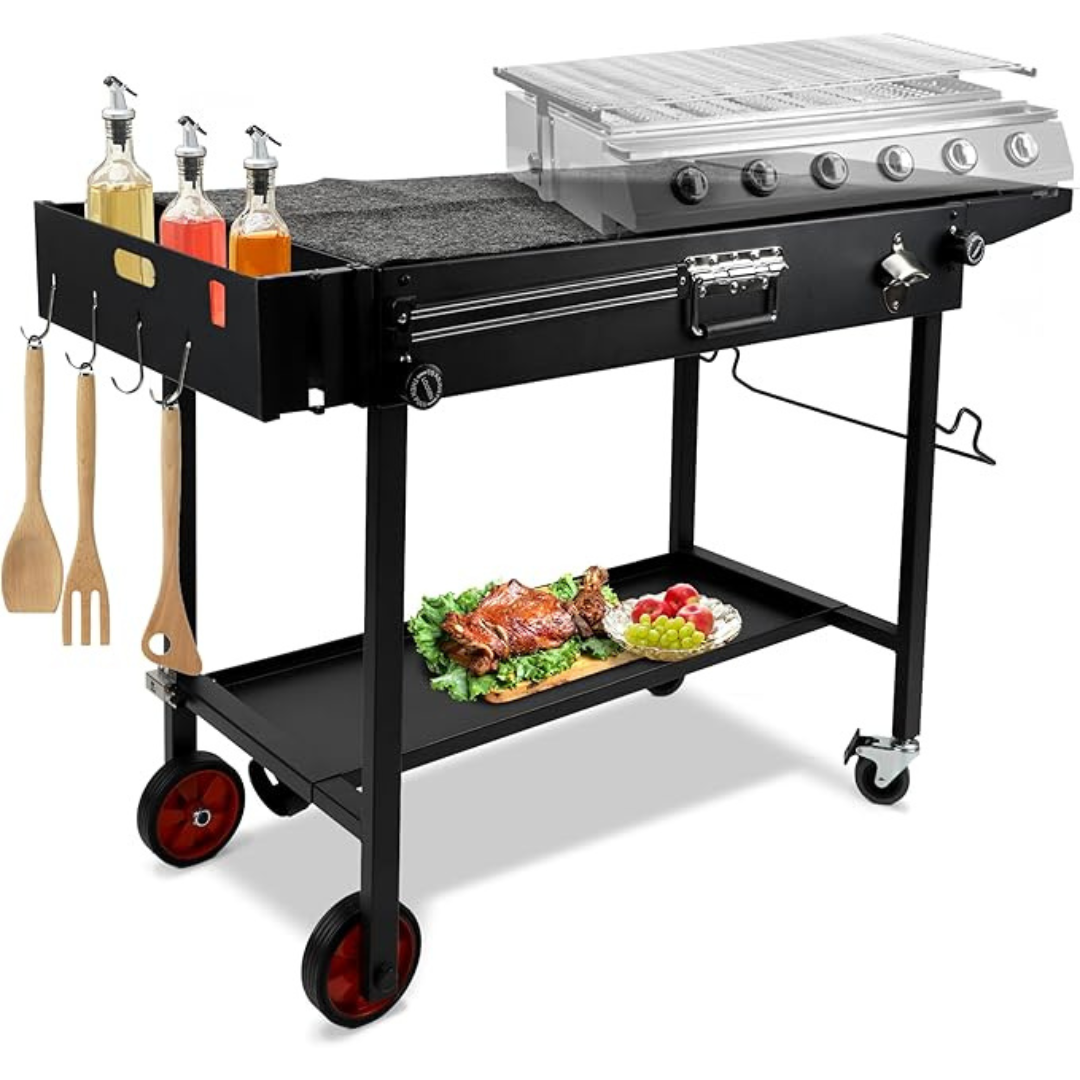 Portable Double Layers Folding Outdoor Grill Table with Wheels