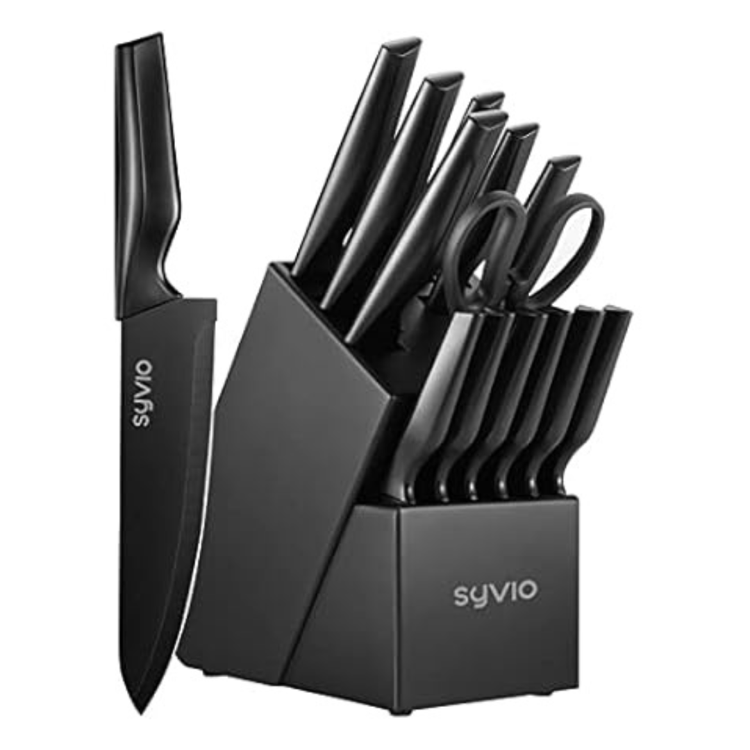 15-Pcs Syvio Kitchen Knife Set With Block & Sharpener