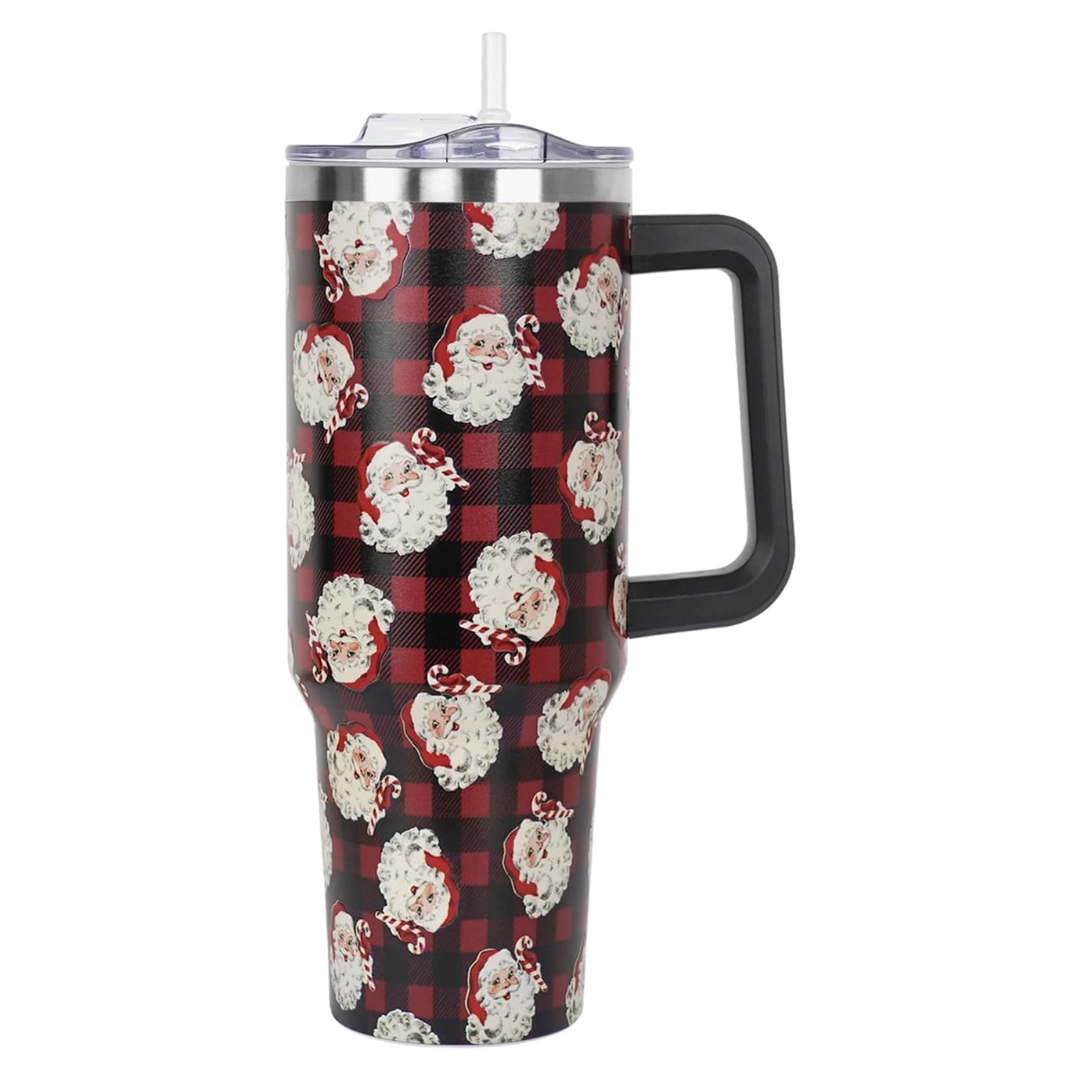 40-Oz Christmas Santa Red Buffalo Plaid Tumbler With Handle & Straw Lid
