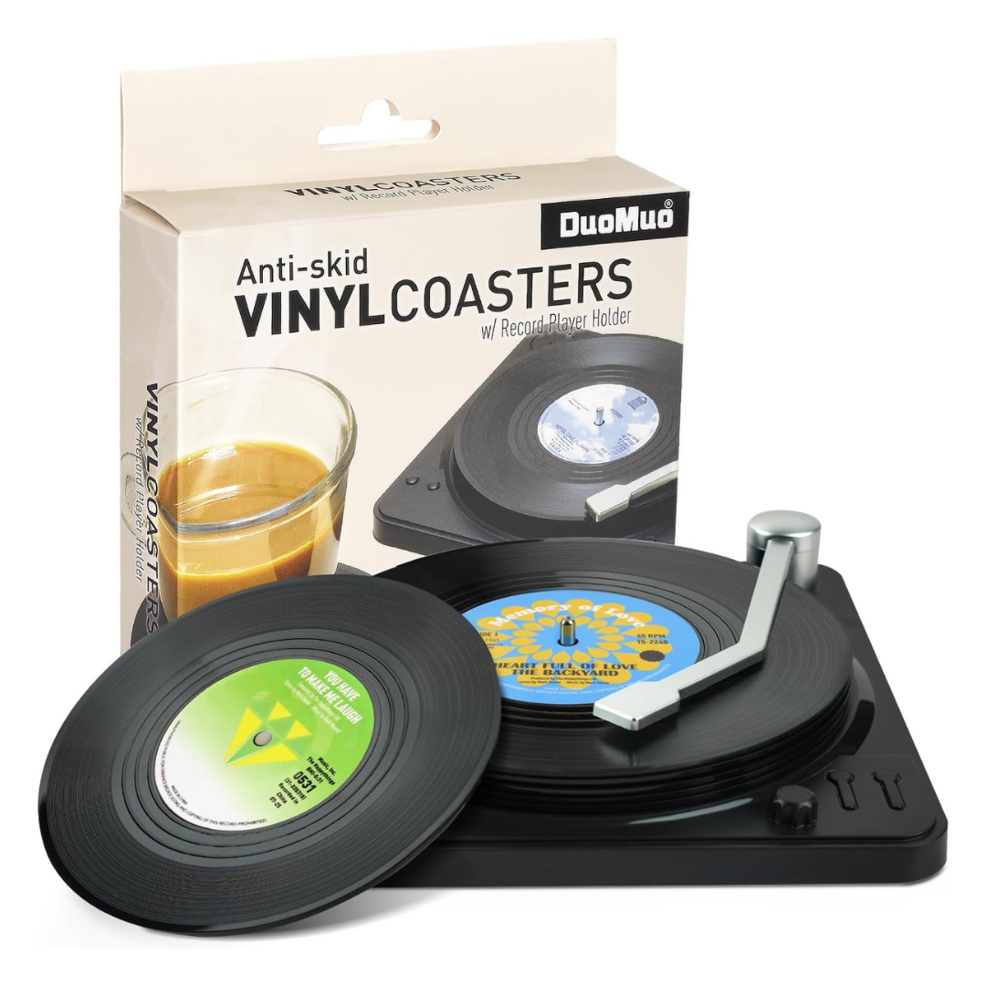 Set of 6 Funny Retro Record Coasters W/ Vinyl Player Holder