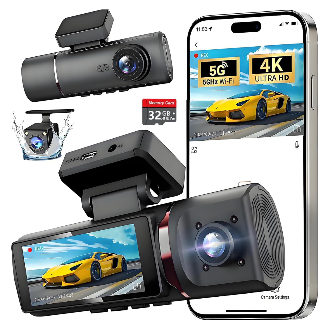 Front Inside & Rear 4K WiFi Triple Dash Camera With 32GB Card