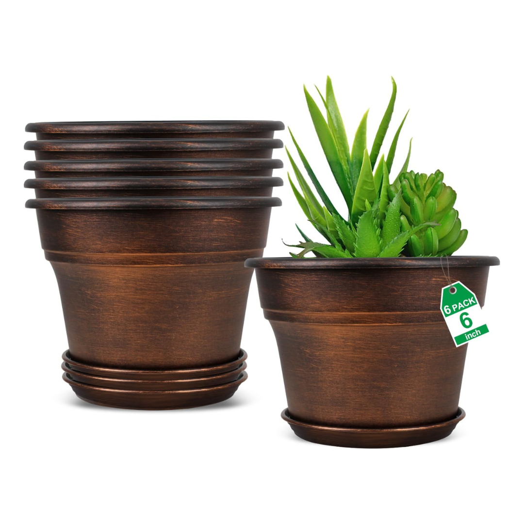 6-Pack Plant Planters Pots Set With Drainage Holes & Trays