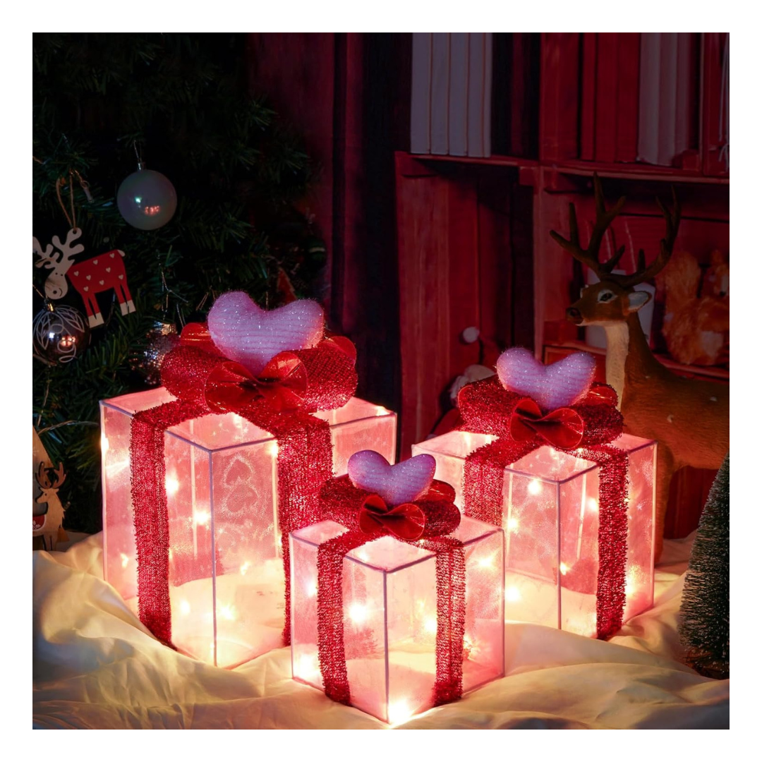3-Pack Christmas Decoration Lighted Gift Boxes (Pink Cloth Or Snow Flake)