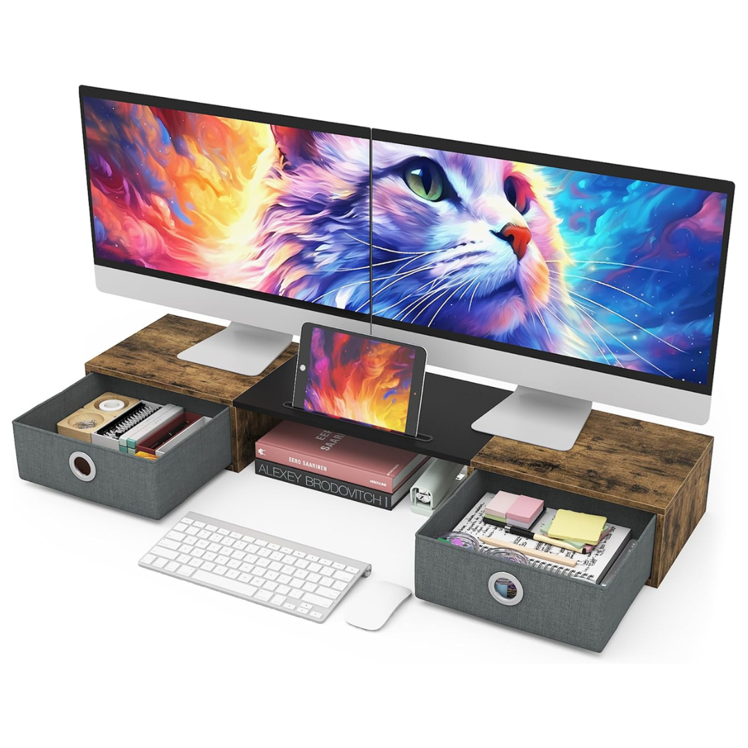 Dual Monitor Stand Riser With Two Drawers