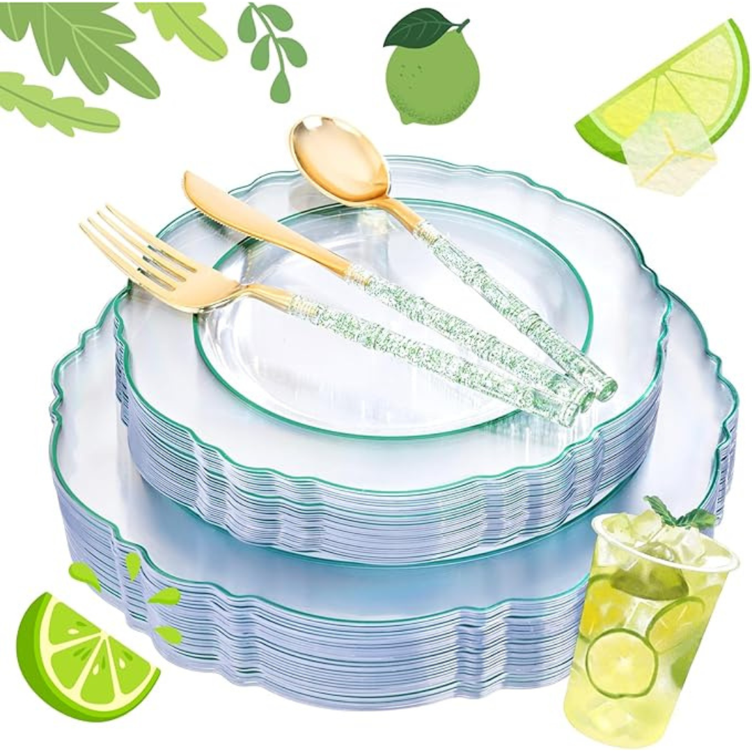 150-Pieces Liacere Disposable Clear and Green Plastic Plates